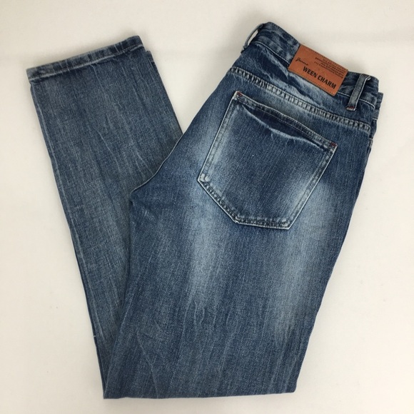 Ween Charm Men’s Distressed Jeans Ripped Blue Denim Size 34 Straight Leg - Picture 3 of 12